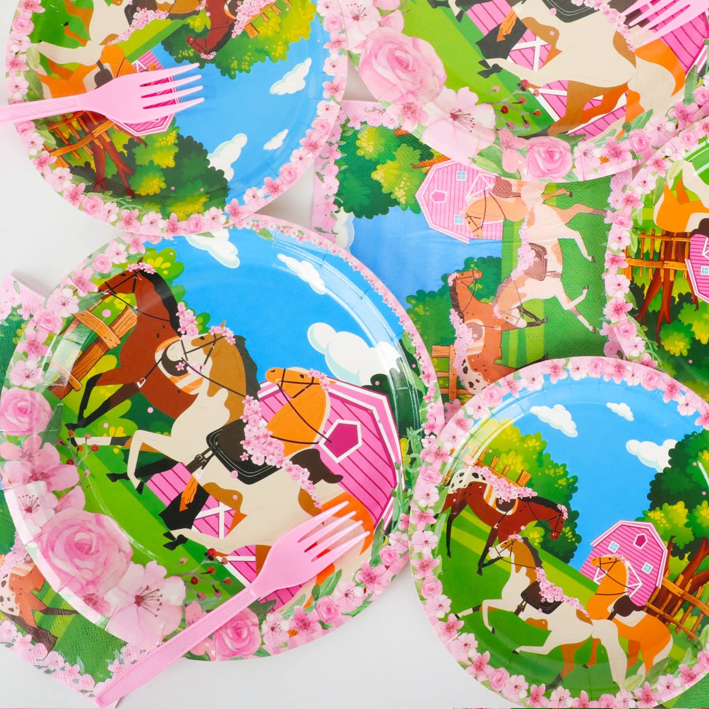 Wiooffen 96 Pieces Horse Birthday Plates Napkins Kentucky Derby Pink Horse Party Decorations Horse Paper Plates Cowgirl Western