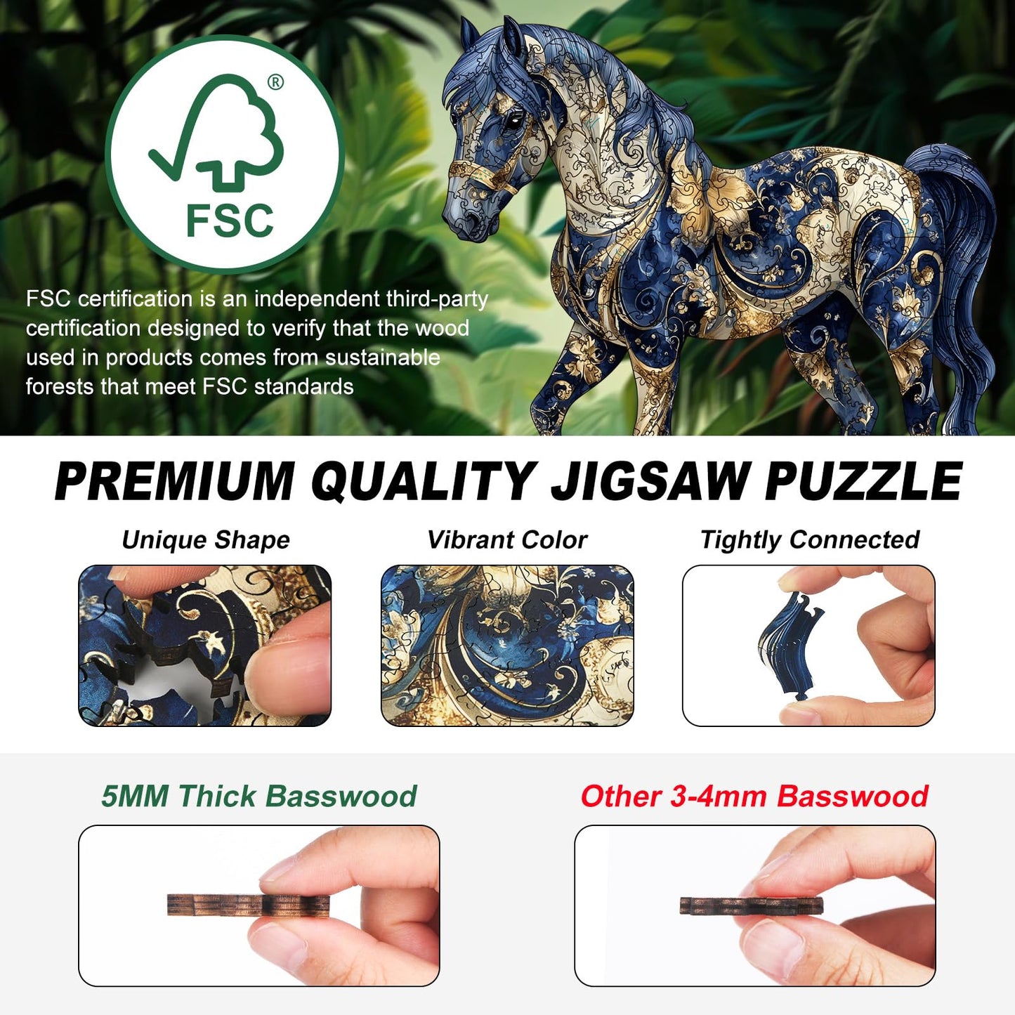 Horse Wooden Puzzles for mature-themeds  200pcs Wooden Jigsaw Puzzles for mature-themeds  Horse Unique Shaped Jigsaw Puzzles Creative Gift for Friend Family Game Medium Size 10'' x 11''