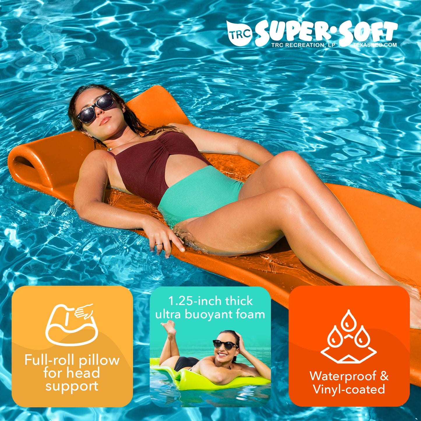 TRC Recreation Splash 1.25 Inch Thick Foam Swimming Pool Float Mat Large mature-themed Lounger with Built-in Roll Pillow  Sunset Orange