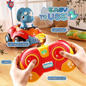 Jovow Dinosaur Remote Control Car for Toddlers,Two Dinosaur Toys Vehicles with LED Lights & Music,Electric RC Cars Toys for Boys