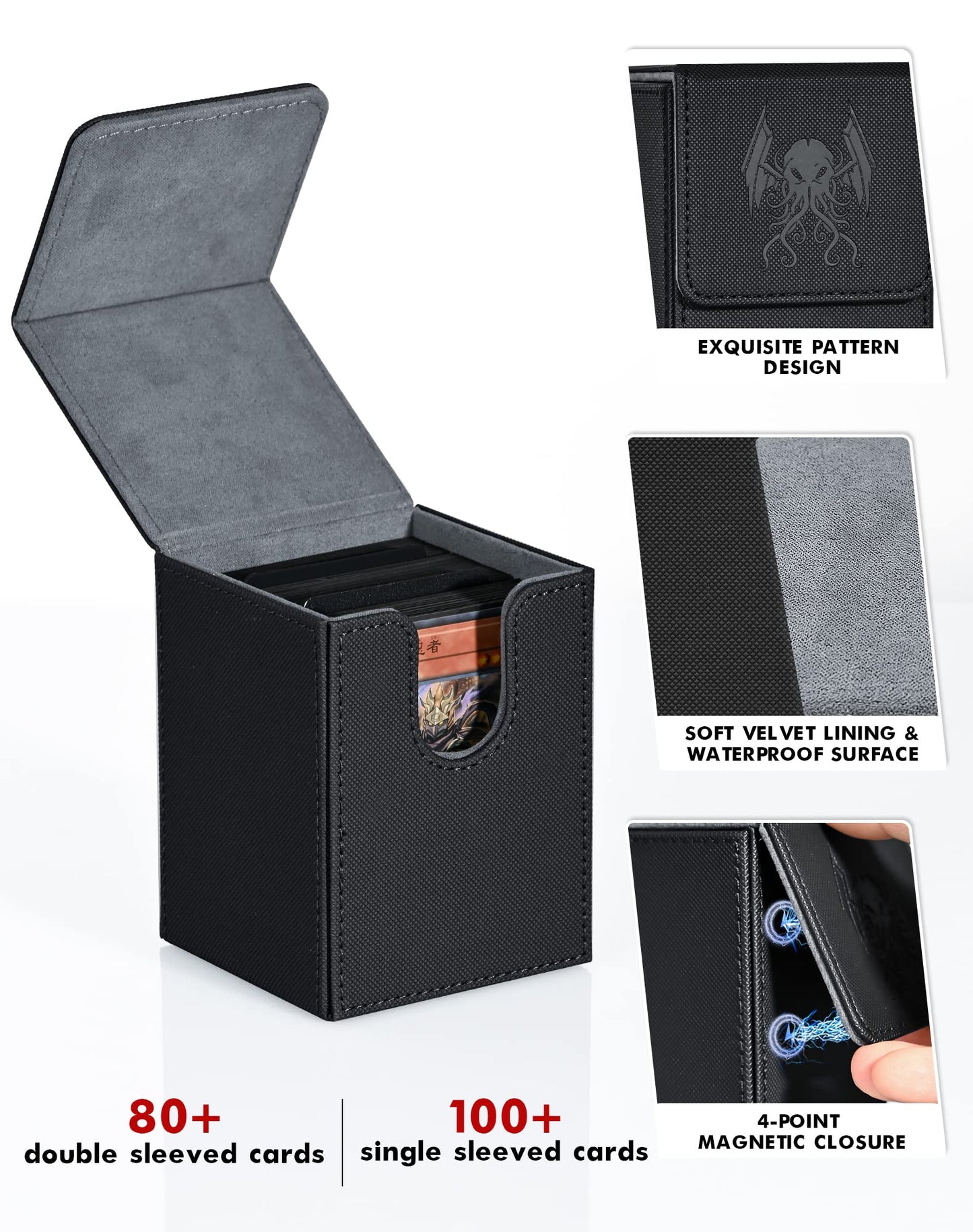 Zlca Card Deck Box For Mtg Yugioh Tcg, Card Storage Box With Dividers Holds 100+ Sleeved Cards, Premium Card Deck Case Compatible With Ccg Trading Cards (Black,Cthulhu)