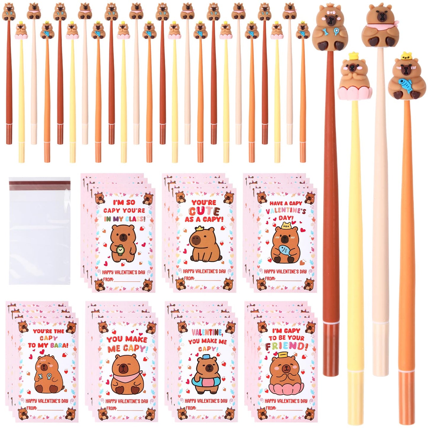 Mooliwe 28 Sets Capybara Valentines Day Gifts Bulk Capybara Positive Cards Classroom Stress Relief Bobblehead Pens Cute Statione