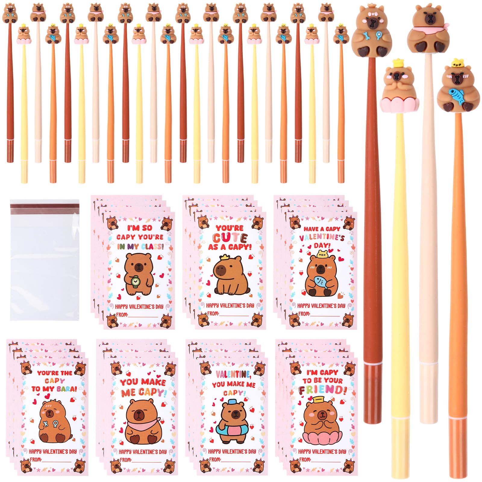 Mooliwe 28 Sets Capybara Valentines Day Gifts Bulk Capybara Positive Cards Classroom Stress Relief Bobblehead Pens Cute Statione