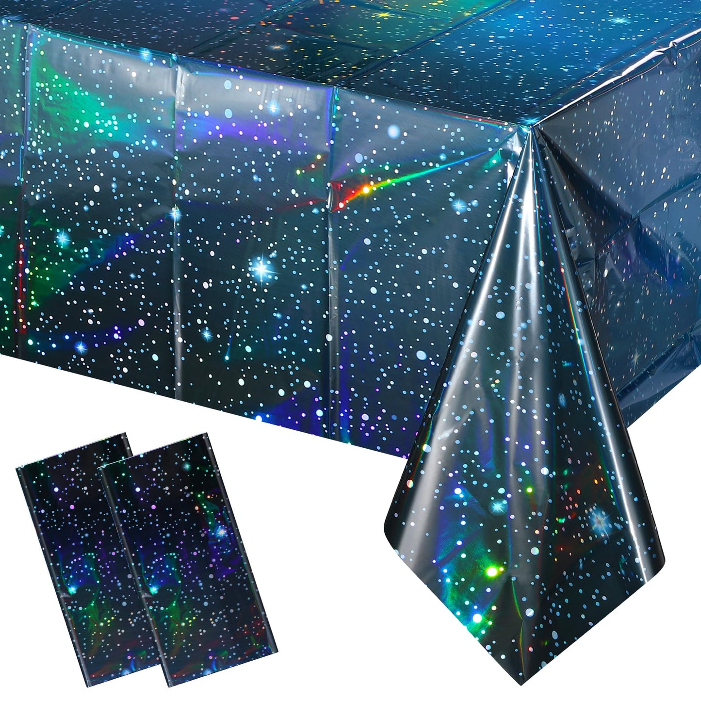 YIDAKO 2Pcs Iridescent Space Tablecloths, Disposable Plastic Blue Galaxy Table Cloth Rectangle Table Covers for Space Starry Nig