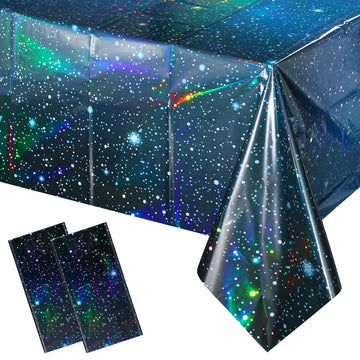 YIDAKO 2Pcs Iridescent Space Tablecloths, Disposable Plastic Blue Galaxy Table Cloth Rectangle Table Covers for Space Starry Nig