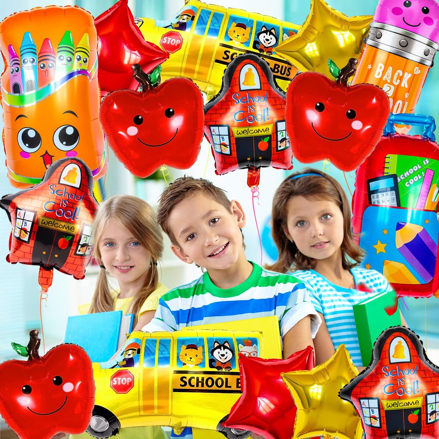 40 Pcs Back To School Foil Balloons, Colorful Apple Pencil Crayon Bus Helium Balloon, School Mylar Balloons For Party Supplies