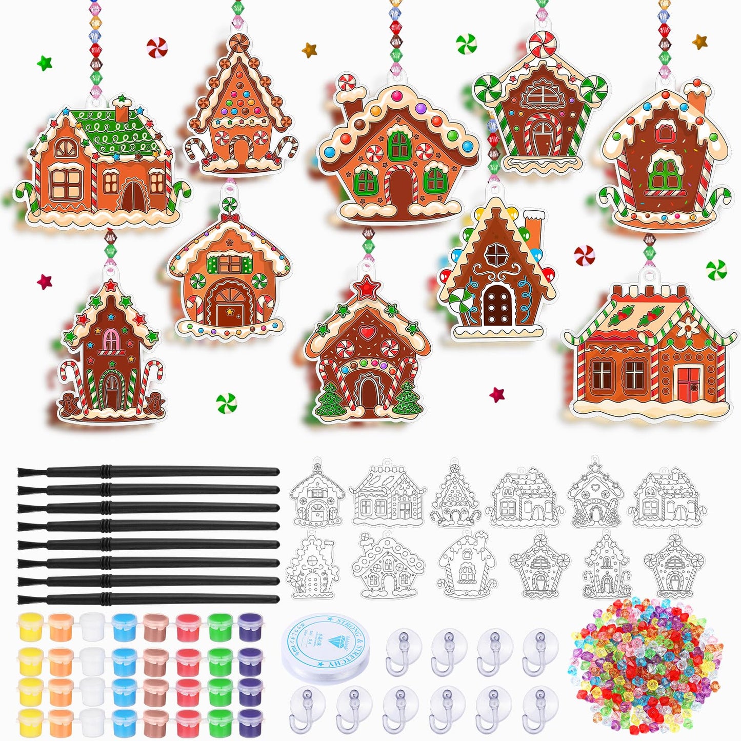 Beeveer 30 Sets Christmas Gingerbread House Suncatchers Window Art Kits, DIY Suncatchers Bulk Crafts Paint Your Own Window Ornam