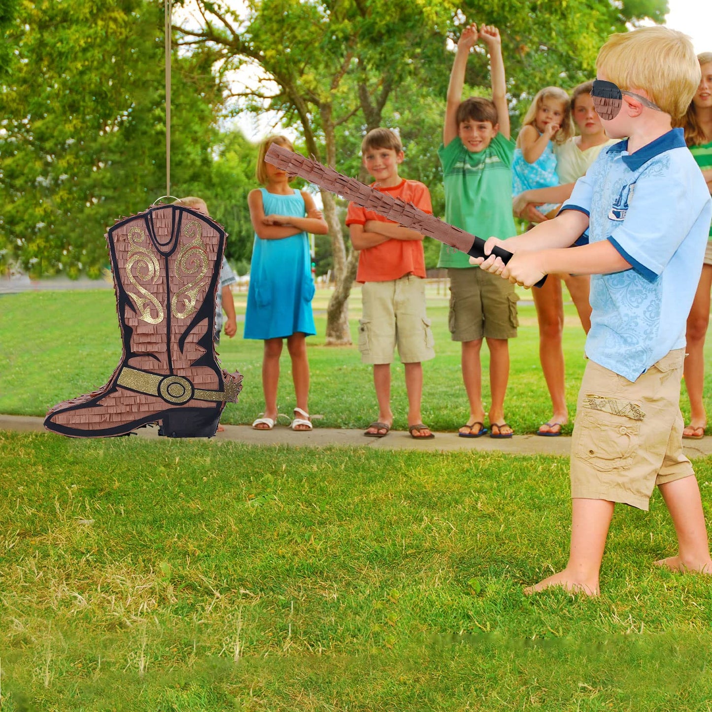Deekin Cowboy Boot Piñata Set - 3 Pcs, Brown Paper, Includes Stick & Eye Mask for Kids Birthday Party & Bridal Shower Decorations