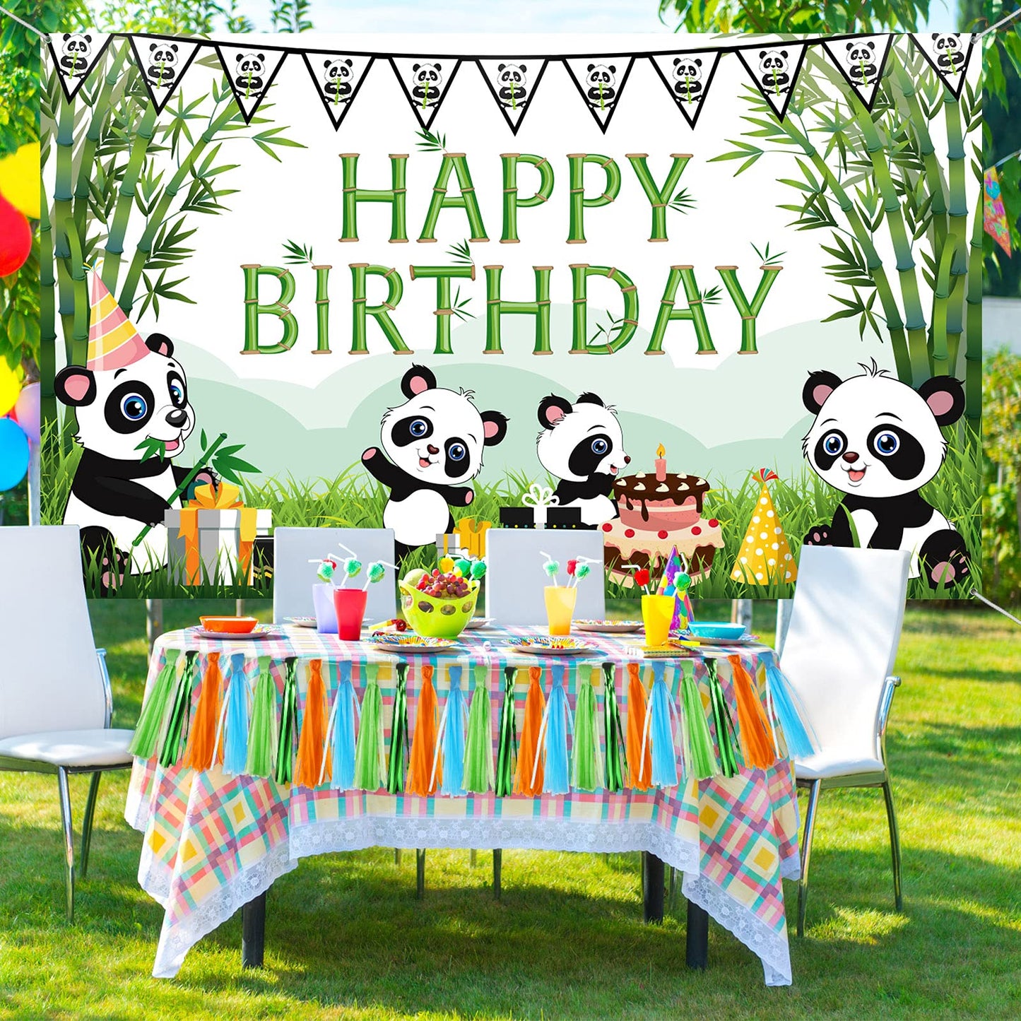 Cartoon Panda Birthday Decorations Panda Backdrop For Party Supplies Animal Themed Banner Green Bamboo Background Baby Shower Photo Background Kids Children Newborn Birthday Party Table Decor