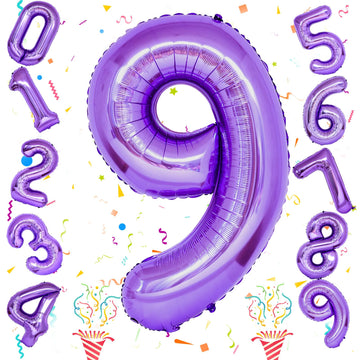 40 Inch Purple Number Balloons, Giant Self Inflating Foil 9 Years Old Birthday Number Balloon For Girls, 9 Balloon Mylar Helium