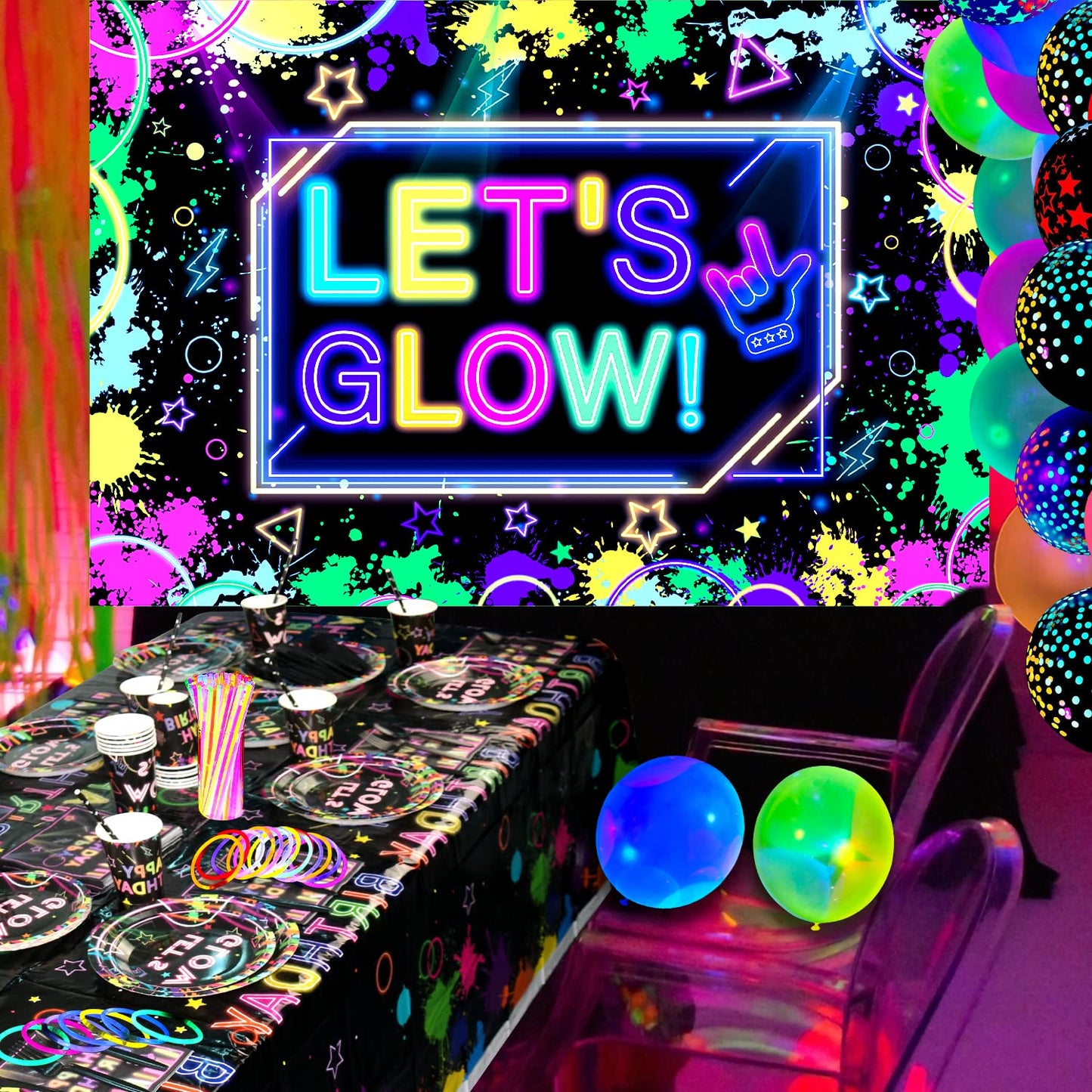 Glow Neon Party Supplies - Glow In The Dark Birthday Let'S Glow Backdrop Banner, Plates, Glow Sticks, Tablecloths, Cups, Napkins, Neon Balloons, For Blacklight Party Decorations Serves 20 (Set A)