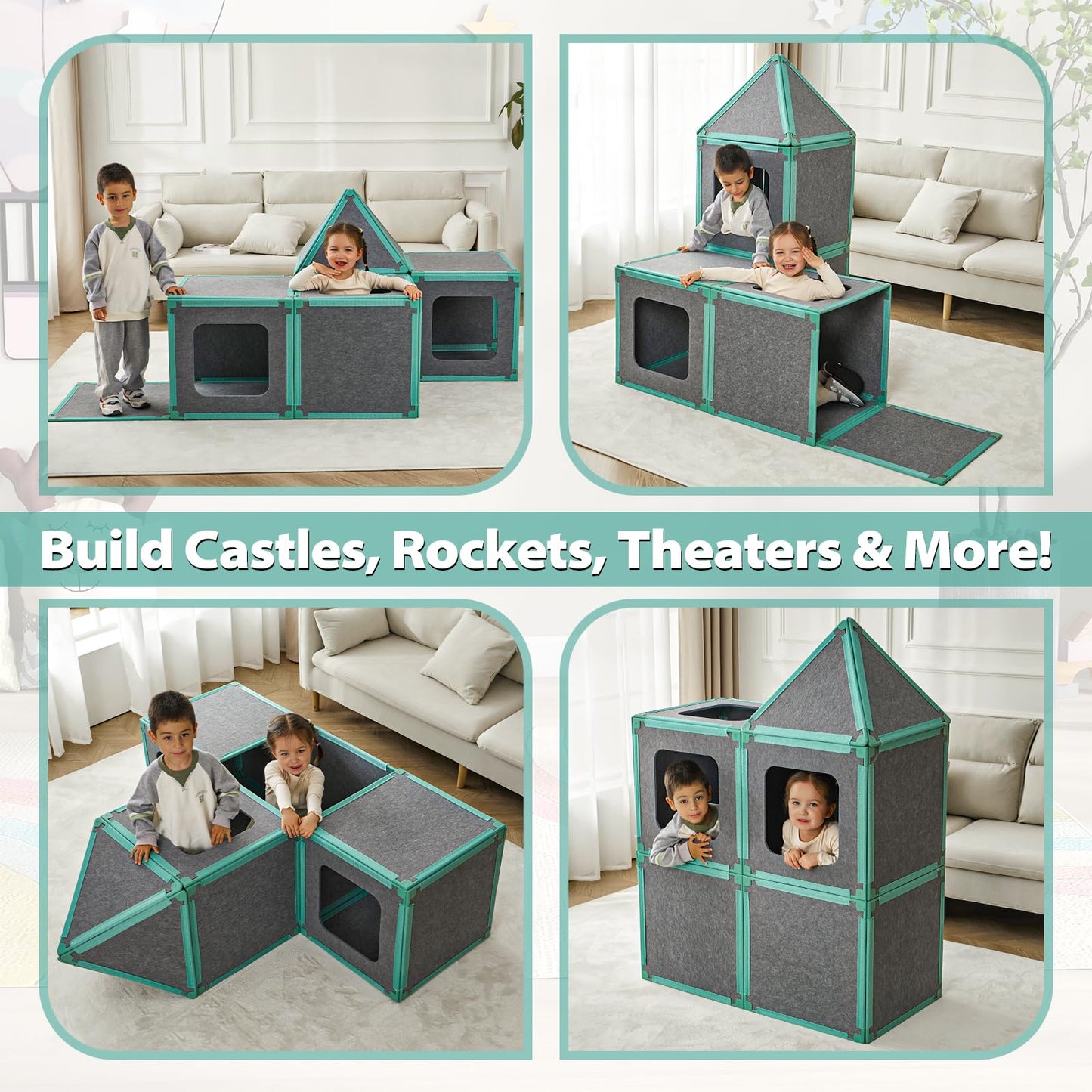 20-Piece Magnetic Fort Building Kit for Kids - Giant Modular Playhouse Panels, STEM Construction Toy for Creative Indoor Play, A