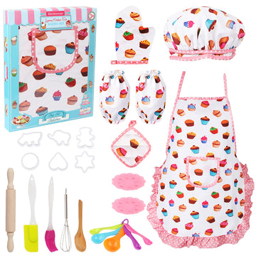 Vanmor Cute Kids Cooking And Baking Sets, 24 Pcs Kids Aprons For Girls Toddler Chef Hat Apron Dress Up Chef Costume, Little Girl