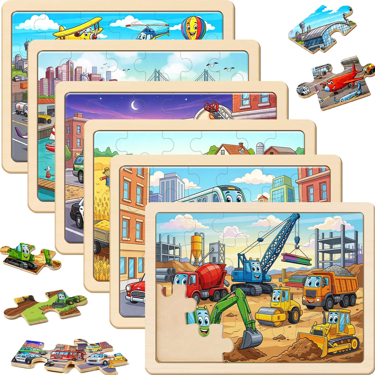 Puzzles for Kids Ages 35, Wooden Jigsaw Puzzles 24 Pieces 6 Pack