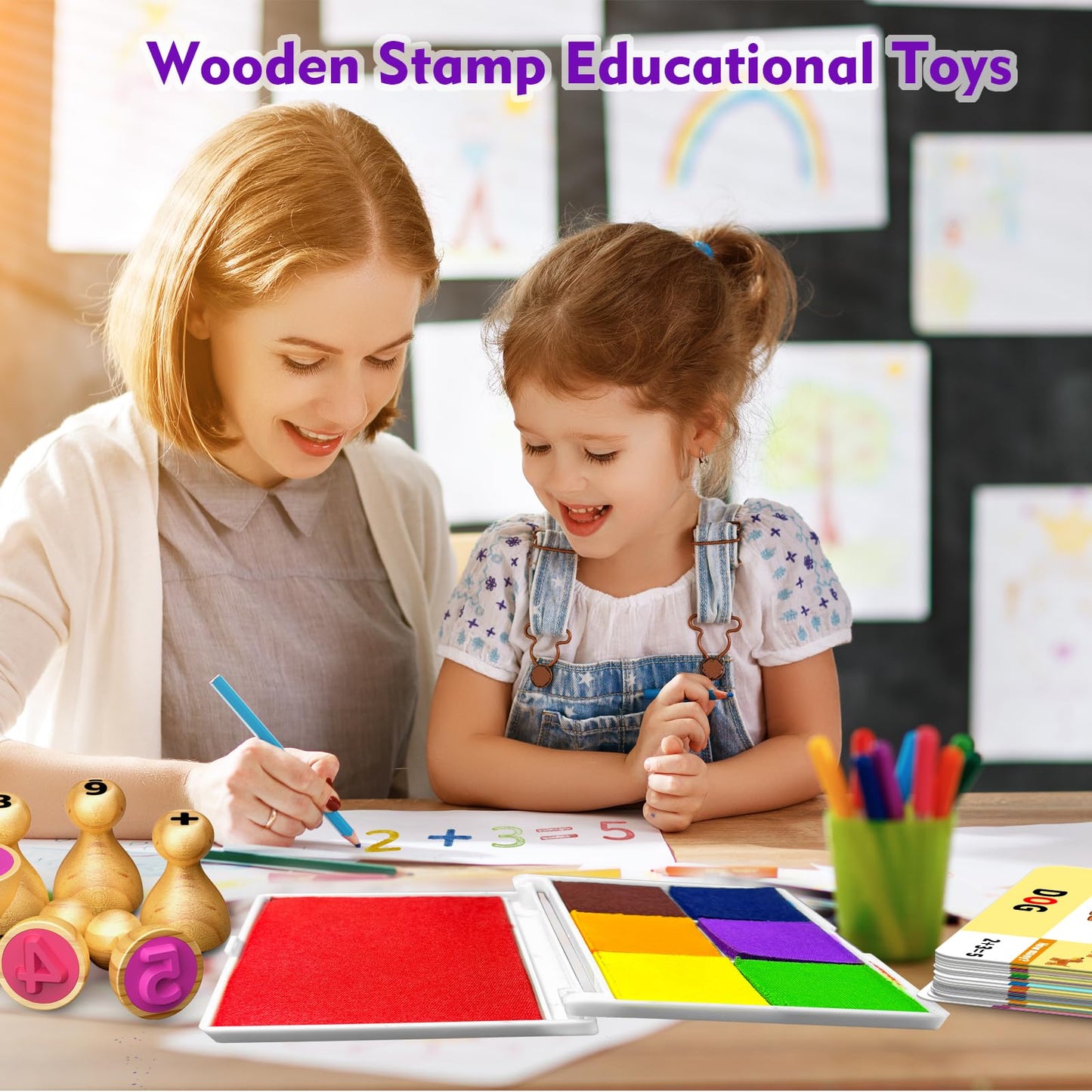 Flycoost Wooden Alphabet Number Stamp For Kids,Montessori Learning Toys For 3 4 5 Year Olds,Abc Spelling Letter Math Number Stam