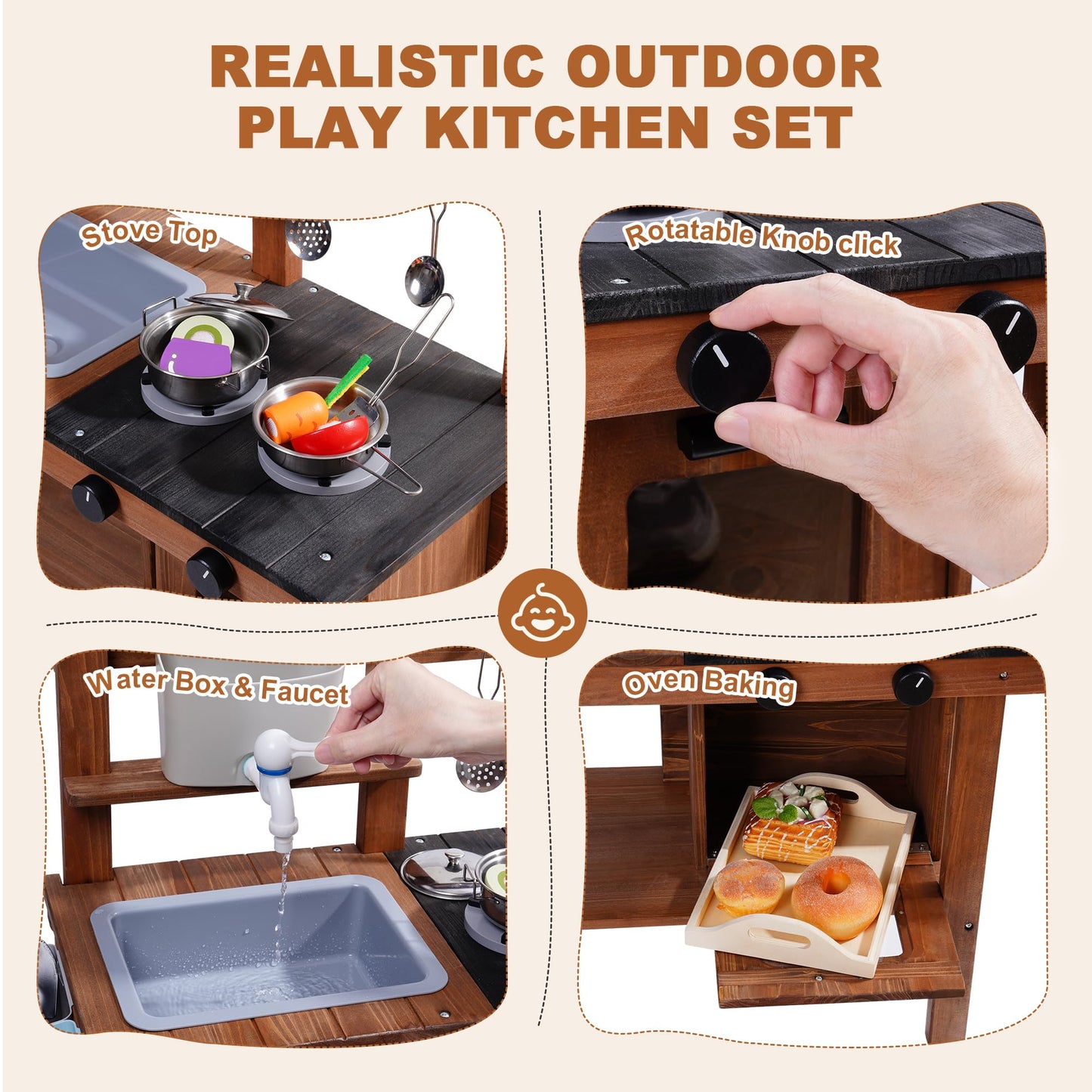 Robud Mud Kitchen For Kids Outdoor With Wheels, Wooden Outdoor Play Kitchen, Kids Mud Kitchen With Removable Sink & Faucet, Mont