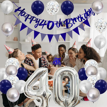 40Th Birthday Decorations For Men, Navy Blue Silver 40Th Birthday Balloons With Blue Happy 40Th Birthday Banner 40 Birthday Cake