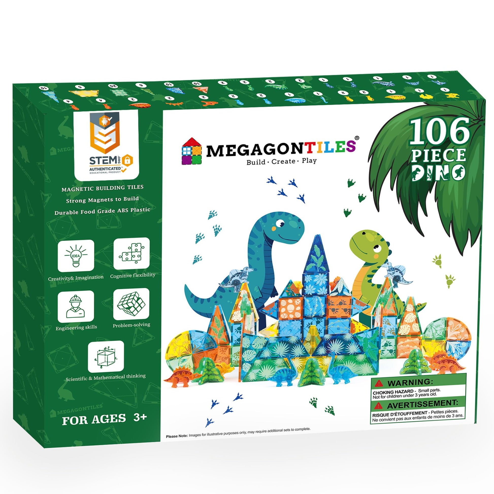 Megagontiles 106 Pcs Dinosaur Magnetic Tiles Set | Magnet Building Blocks Dino World Toys | Stem Authenticated| Magnet Tiles Animals For Toddlers Boys Girls Kids Age 3 4 5 6 7 8