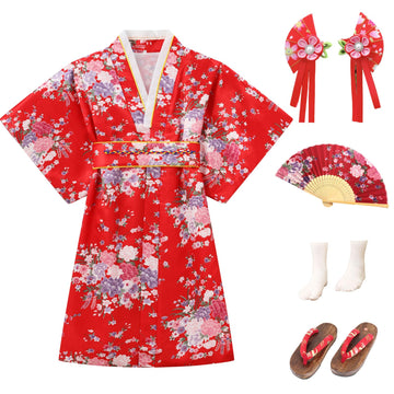 Cutey May Japanese Traditional Dress For Girls Costume Kimono For Kids Set (Red, 8-9Years(140Cm))