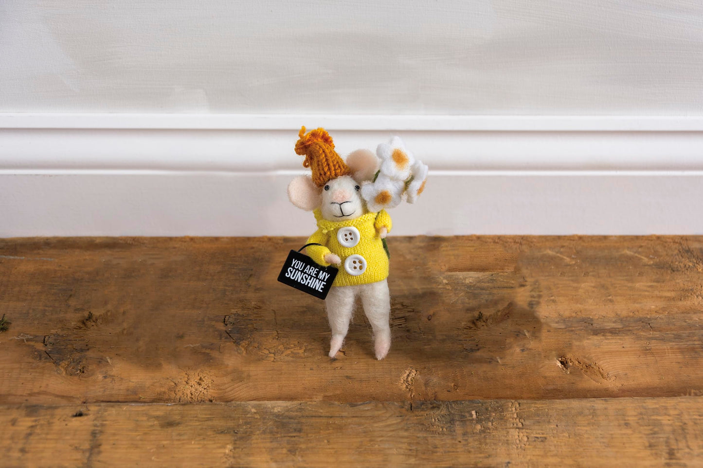 Primitives By Kathy Collectible Critter - Sunshine Mouse Felt Critter Lending A You Are My Sunshine Sentiment With Knit Sweater, Hat, And Flower Details