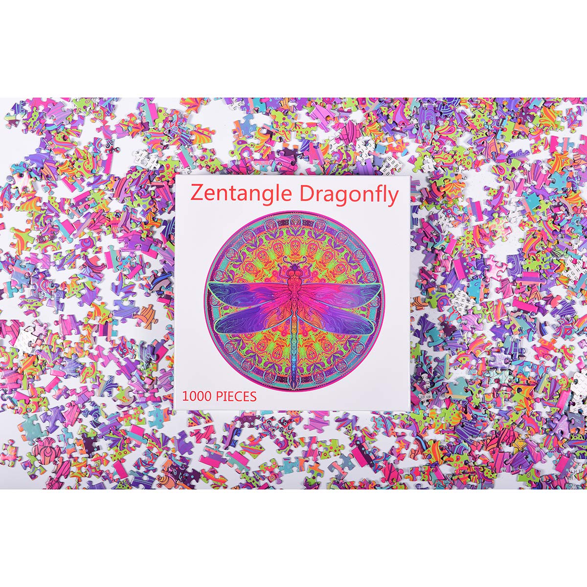 Bgraamiens Puzzle-Zentangle Dragonfly-1000 Pieces Vivid Dragonfly Round Mandala Puzzle Color Challenge Jigsaw Puzzles