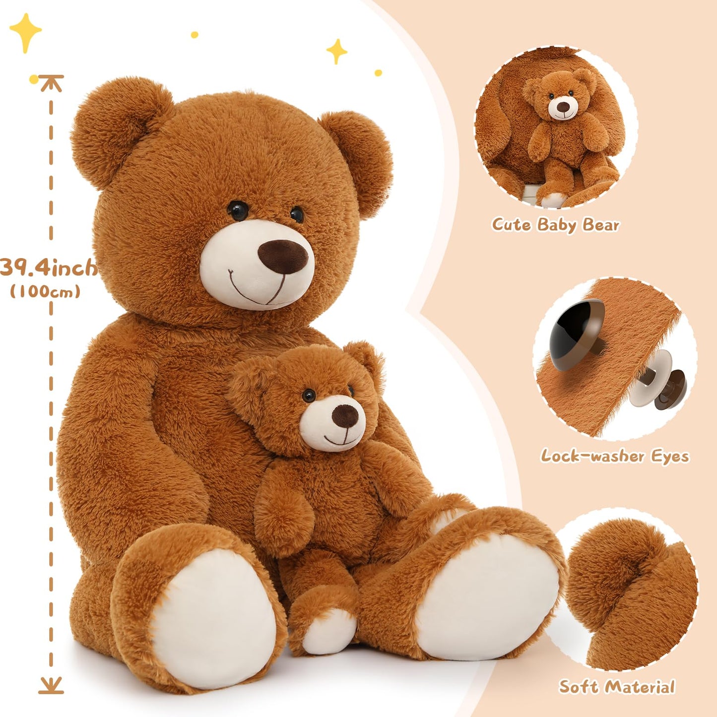 Muiteiur Giant 40' Teddy Bear - Cute Brown Stuffed Mom & Baby Bear Plush Toy - Great For Kids, Baby Showers, Christmas, Valentine'S Day Parties