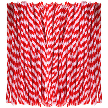 200 Pieces Christmas Striped Chenille Stem Art Craft Pipe Cleaners, Red with White, 6 mm by 300 mm