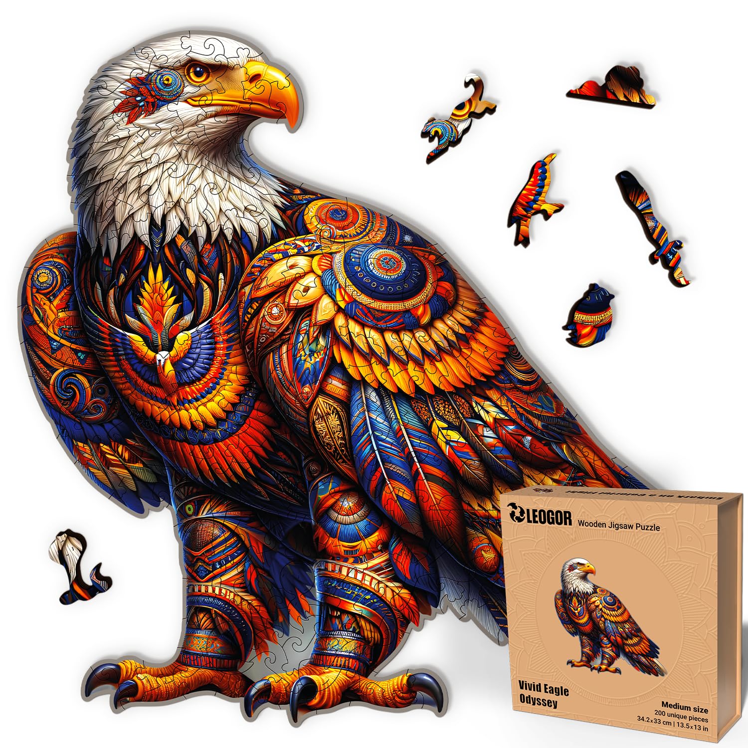 Vivid Eagle Odyssey - 200 Piece Wooden Puzzles for mature-themeds - 13.5 x 13 in - Extra-Thick 5 mm Wood Puzzle  Hand-Shaped Pieces  Iconic Bird Mosaic Design - enhanced Gift for Puzzle Lovers by LEOGOR
