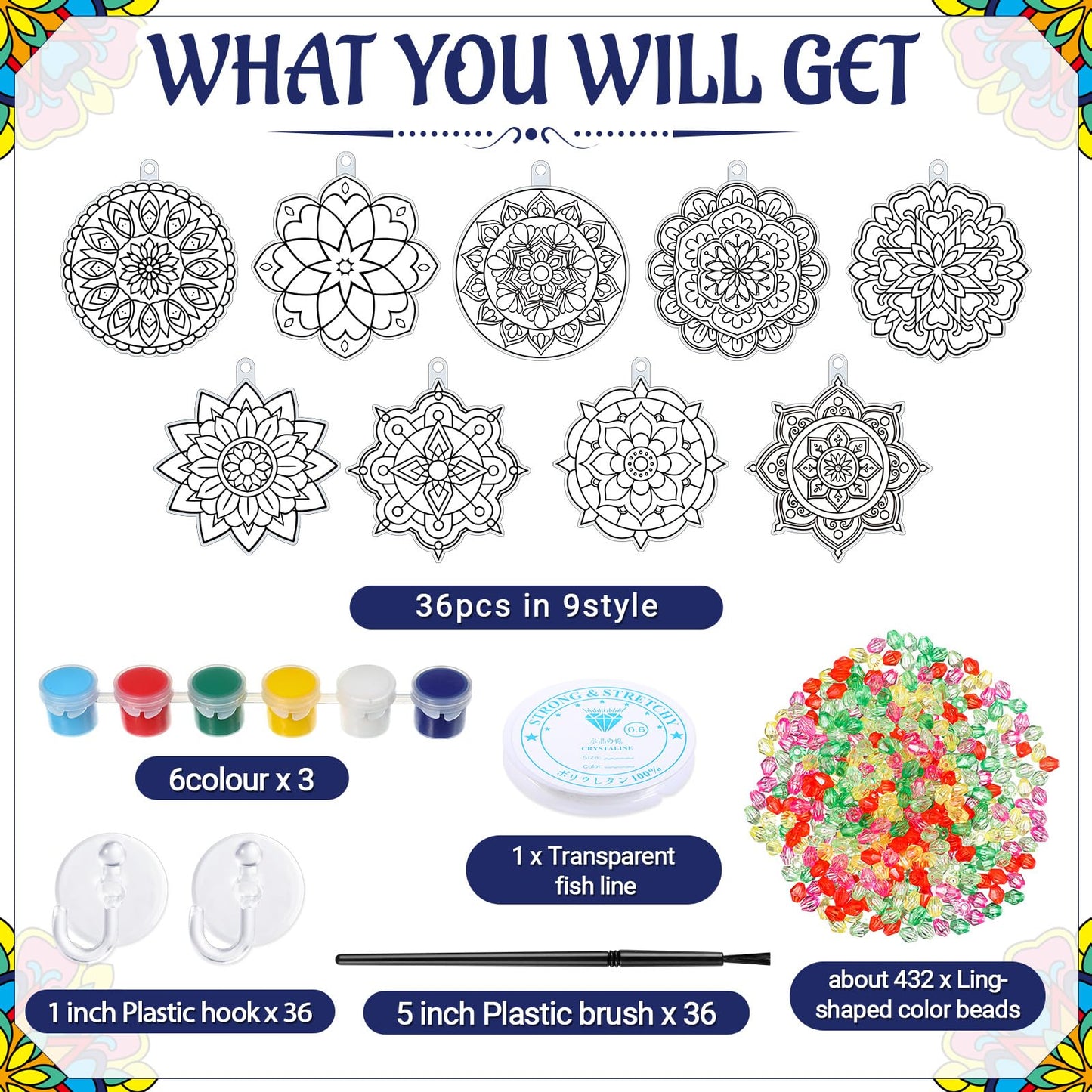 Pasimy 36 Sets Mandala Suncatchers Paint Craft Kits Mandala Flower Window DIY Hanging Ornaments Decorations Paint Your Own Sprin