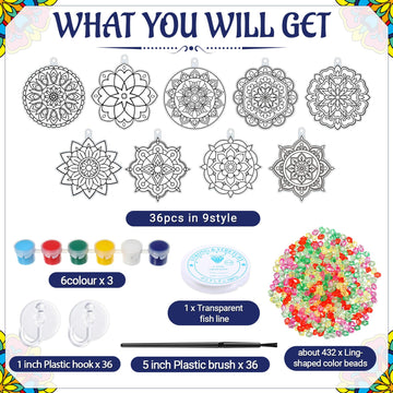 Pasimy 36 Sets Mandala Suncatchers Paint Craft Kits Mandala Flower Window DIY Hanging Ornaments Decorations Paint Your Own Sprin