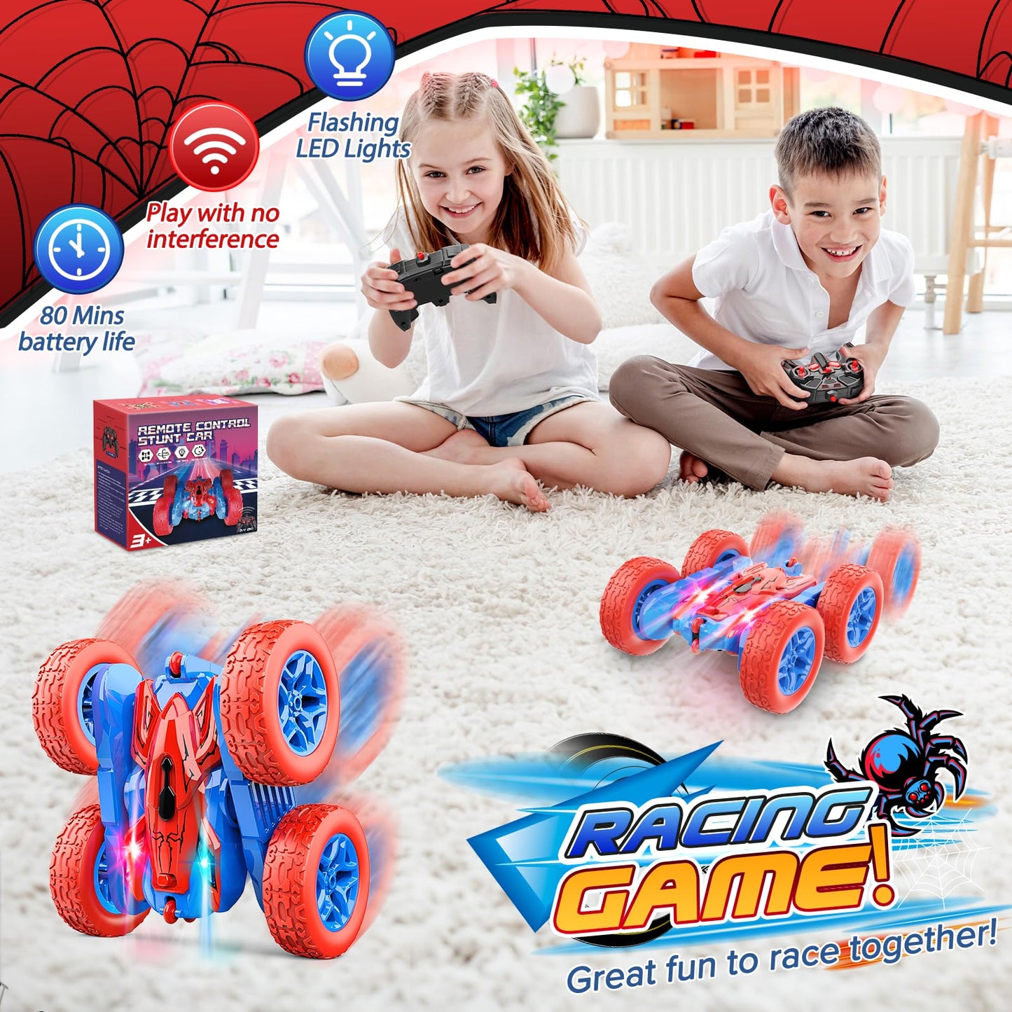 JovialToyz Spider RC Cars Toys for Boys Ages 3-8 Kids Remote Control Stunt Car Toy for 4 5 6 7 8 9 10 Year Old Boy Girl Christma