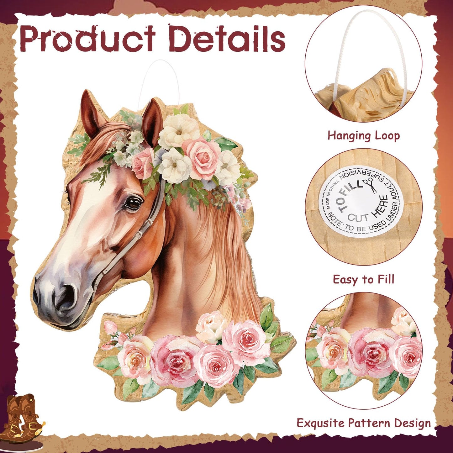 Pajean Horse Piata Decoration Cowgirl Western Piata with Stick Blindfold Photo Prop Gift Holder for Girls Kids Bridal Shower Bir