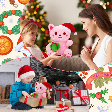 Hagusahuo Christmas Stuffed Animal Pink Cat Plush, Cute Cat Stuffed Animal With Gift Box Plush For Kid, Kawaii Cat Plushie Toy For Kids Boys Girls Cartoon Christmas Decoration