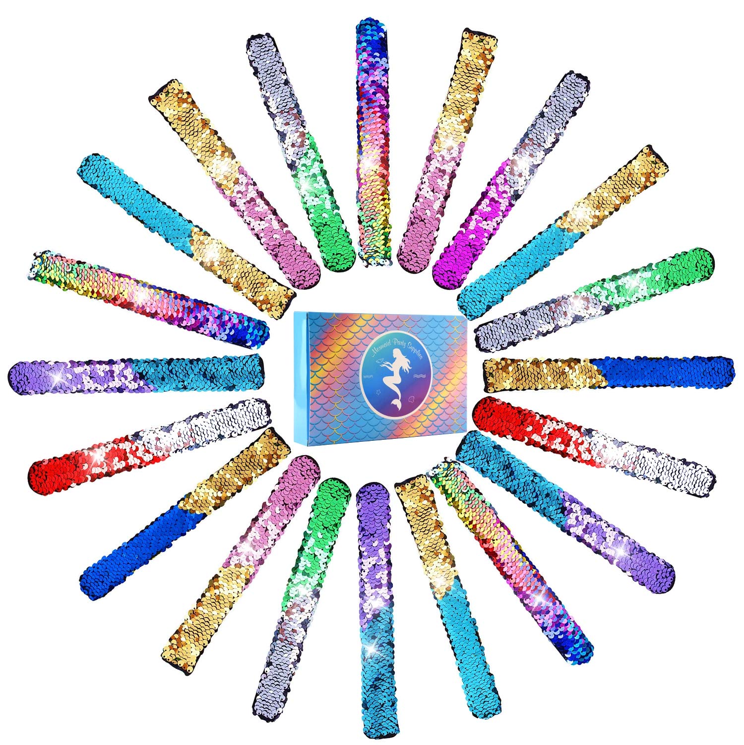 Kuuqa 25 Pcs Magic Mermaid Sequin Bracelets Glitter Reversible Sequins Slap Bracelets Wristbands For Kids Little Mermaid Birthda