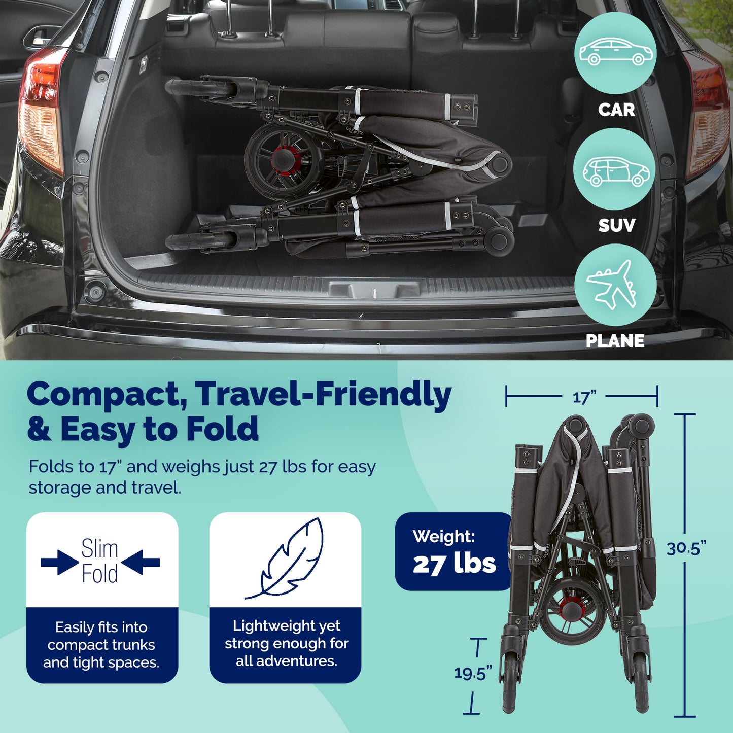 Kolcraft Cloud 360 Lightweight Double Baby Stroller Wagon For Two Kids Toddlers, Ultra Maneuverable Collapsible Cart With Deep F
