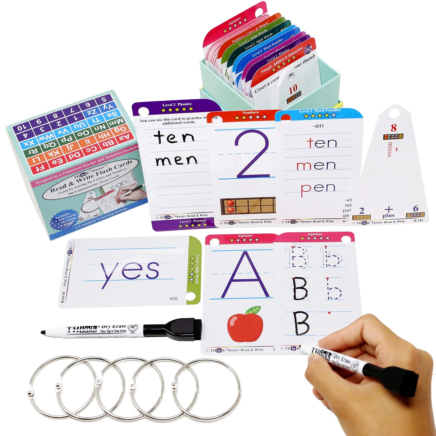 Think2Master Premium 186 Laminated Alphabet, Sight Words & Phonics Flash Cards For Pre K & Kindergarten. (Bonus: 2 Dry Erase Markers, 5 Rings). Learn To Read, Write, Count, Add & Subtract Numbers.