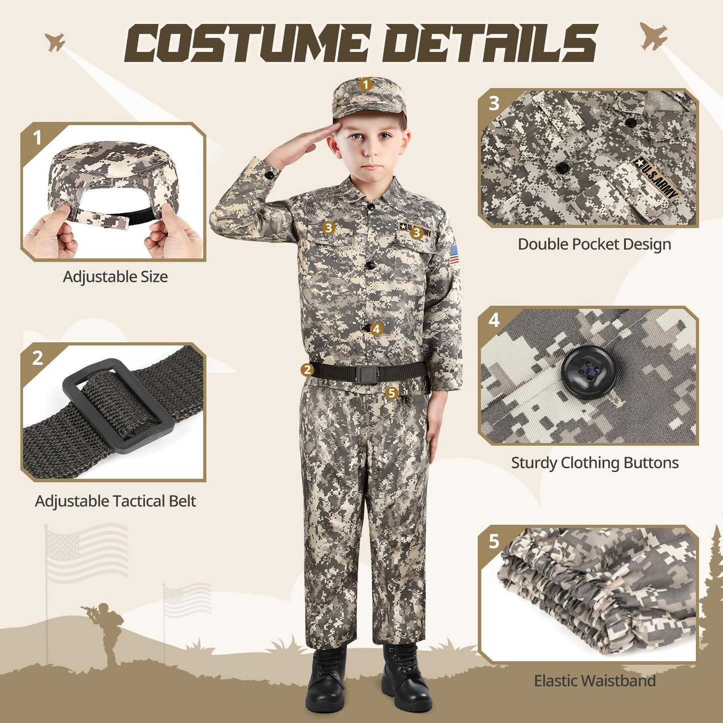 Giftinbox Army Costume For Kids, Soldier Military Costumes For Boys, Halloween Costumes For Kids Boys, Kids Army Soldier Uniform Age 3-10 Size M