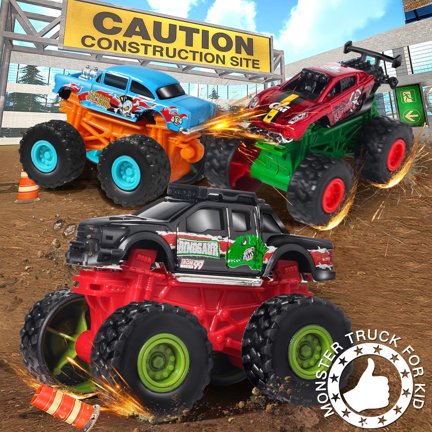 Oriate Monster Truck Toys Cars for Kids Boys Girls, Cool Stuff Diecast Toy Pull Back Monster Trucks Toys, Battery Free Stunt Tru