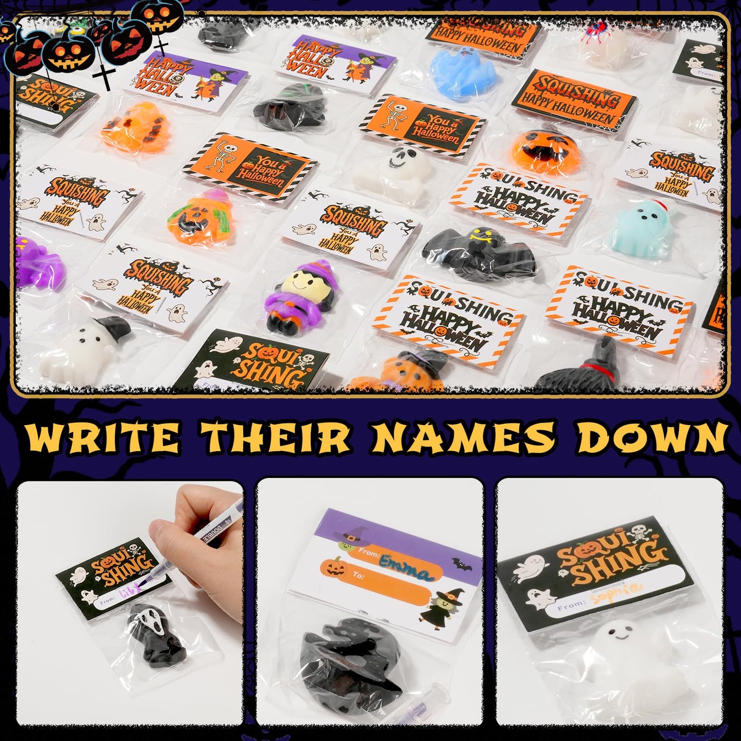 Halloween Mochi Squishy Toys 24 Pack with Gift Cards  Mini Squishy Toys  Halloween Toys Bulk Party Favors for Kids  Trick or Treat  Stress Relief Toys  Birthday Gift  Classroom Prizes