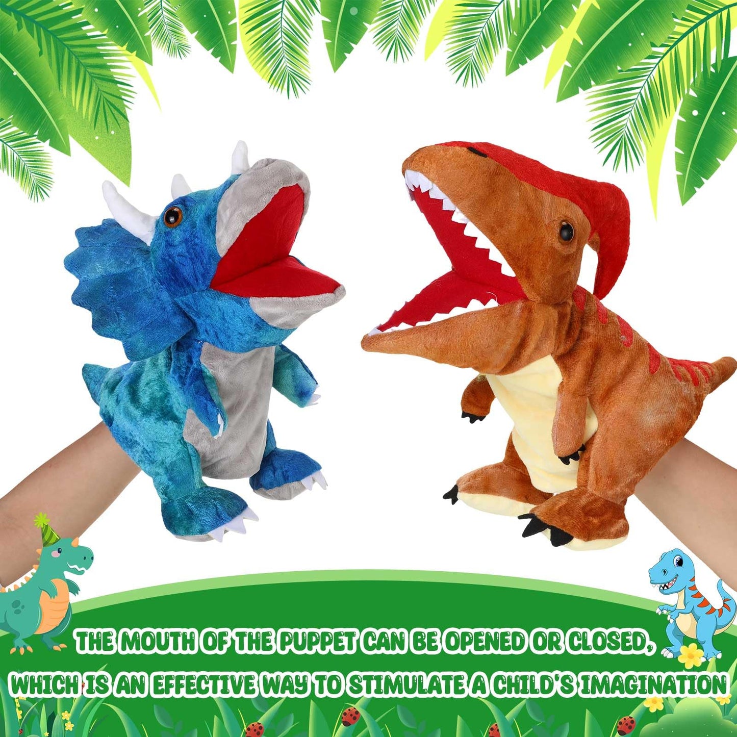 Wettarn 10 Pieces Dinosaur Hand Puppets 11.8 Inch Plush Stuffed Animals with Open Movable Mouth, Stuffed Animal Puppets Interact