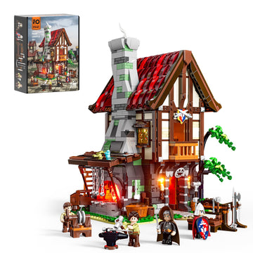 Funwhole Medieval Forge-House Lighting Building-Bricks Set - Blacksmith Kit Collectible Display Led Light Building Sets 1595 Pcs For Adults And Teen