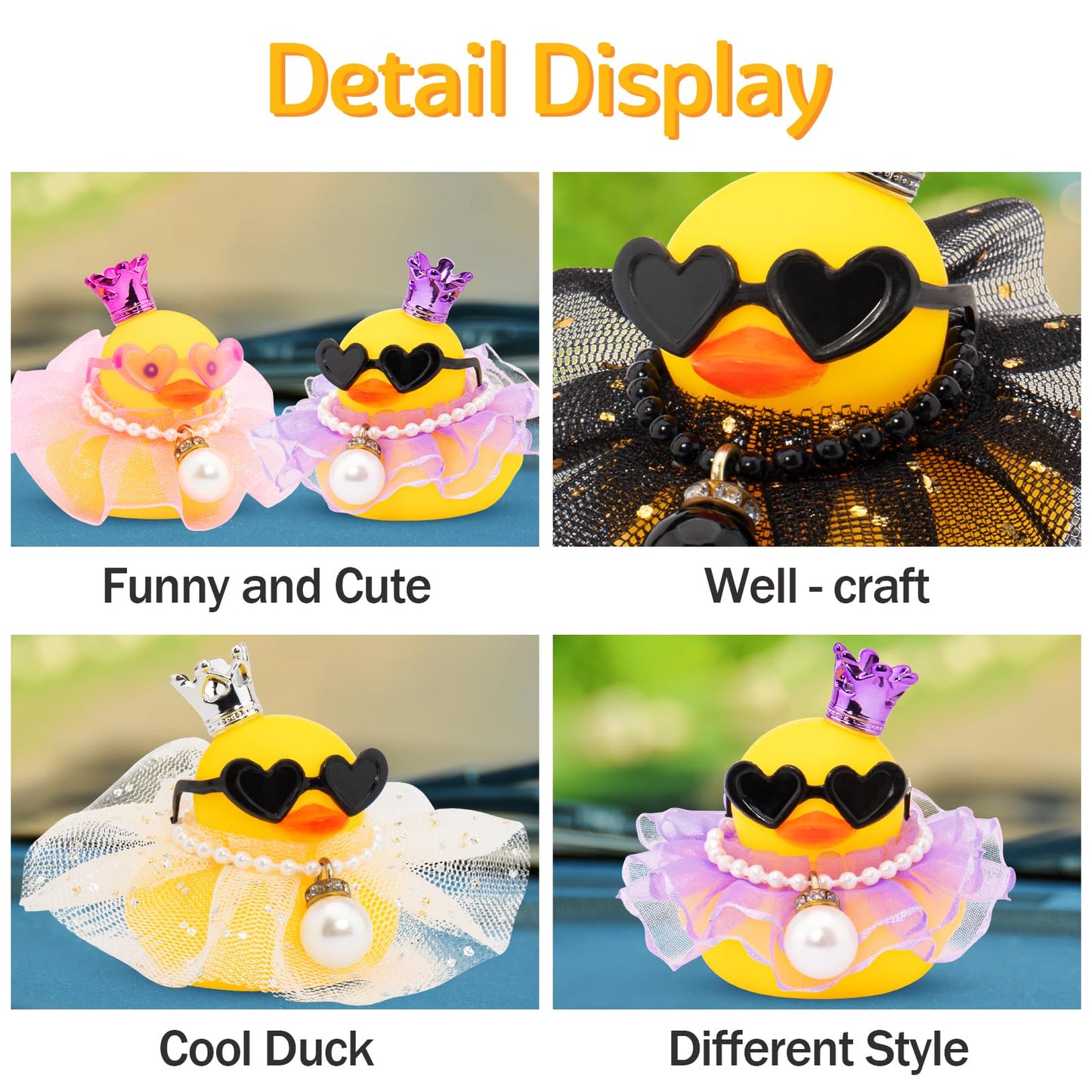 wonuu Rubber Duck Car Dashboard Decoration  Duck Car Ornament Cute Car Accessories with Mini Crown Dress Pearl Necklace Glasses  Black Starry Skirt