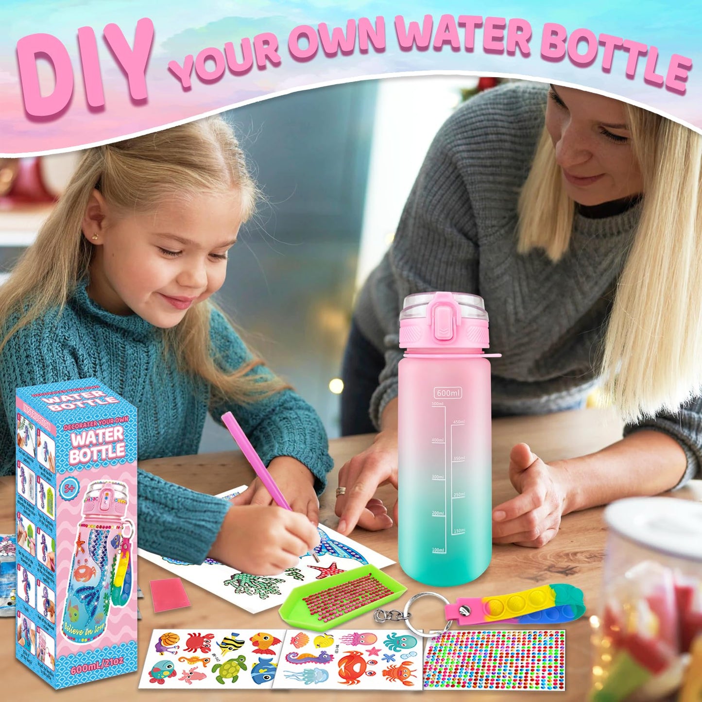 EDsportshouse Decorate Your Own Water Bottle Kits for Girls Age 4-6-8-10,Mermaid Painting Crafts,Fun Arts and Crafts Gifts Toys