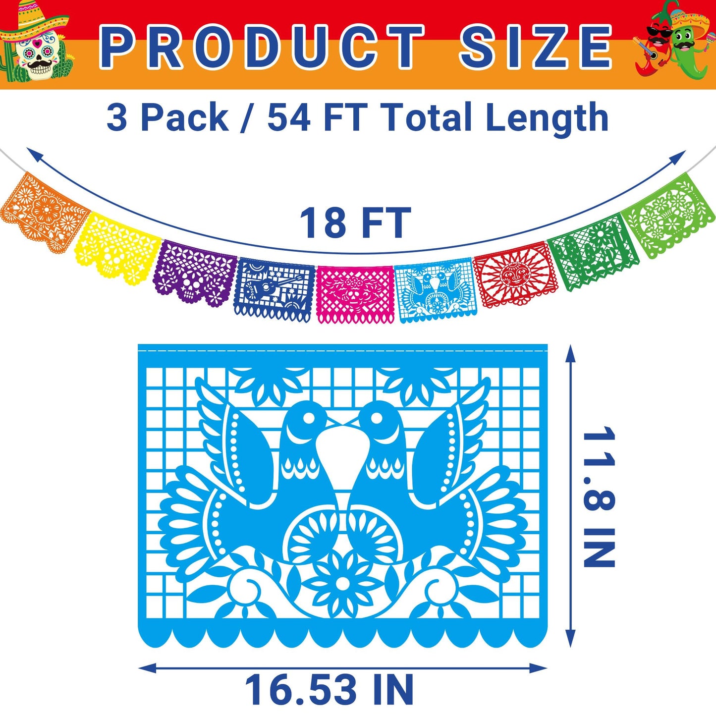 54 FT Cinco De Mayo Decorations, 3 Pack Mexican Party Banner, Plastic Fiesta Banner Colorful Papel Picado Hanging Banner String