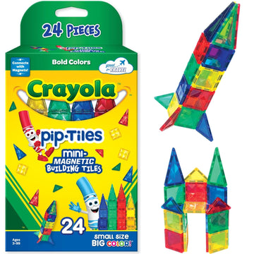 Createon Crayola Mini Magnetic Pip-Tiles, Bold Colors - Building Set For Kids, Magnetic Building Toys For Kids, Stem Travel Toys For Boys And Girls Ages 3+, 24-Piece Set (Bold)