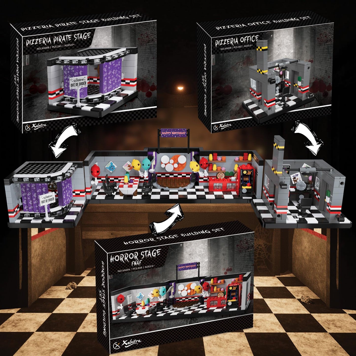 Xalvitra Five Nights Halloween Fnaf Pizzeria Stage Building Blocks Set, Classic Horror Game Security Breach Creative Festival Br