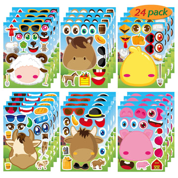 24 Pcs Make-A-Face Sticker Sheets Make Your Own Farm Animal Mix And Match Sticker Sheets With Sheep, Pigs, Cow And Chickens Kids