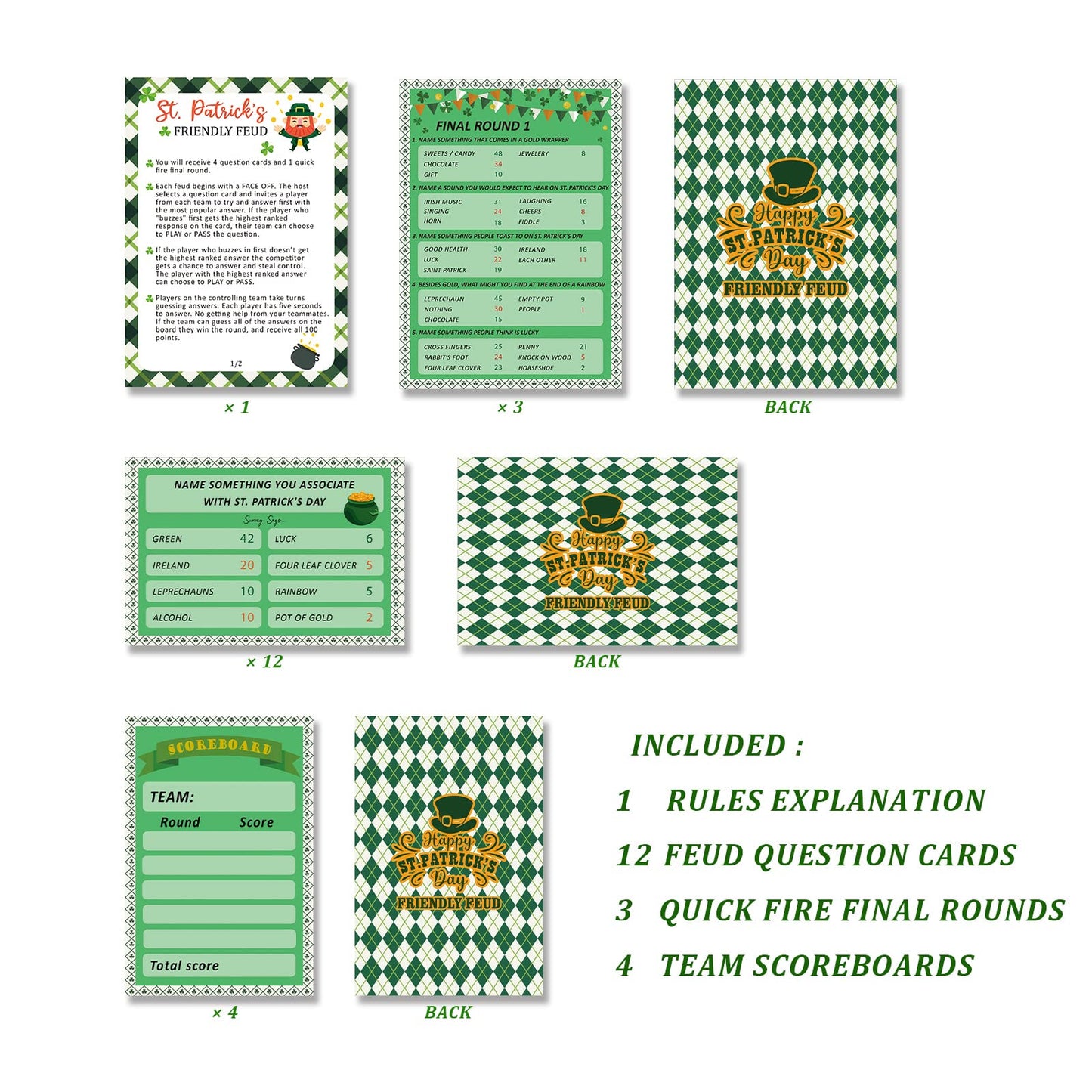 BEUFSE St' Patricks Day Friendly Feud Game Set, St' Patricks Day Party Game Supplies, St' Patricks Day Games for Adults, Feud Qu