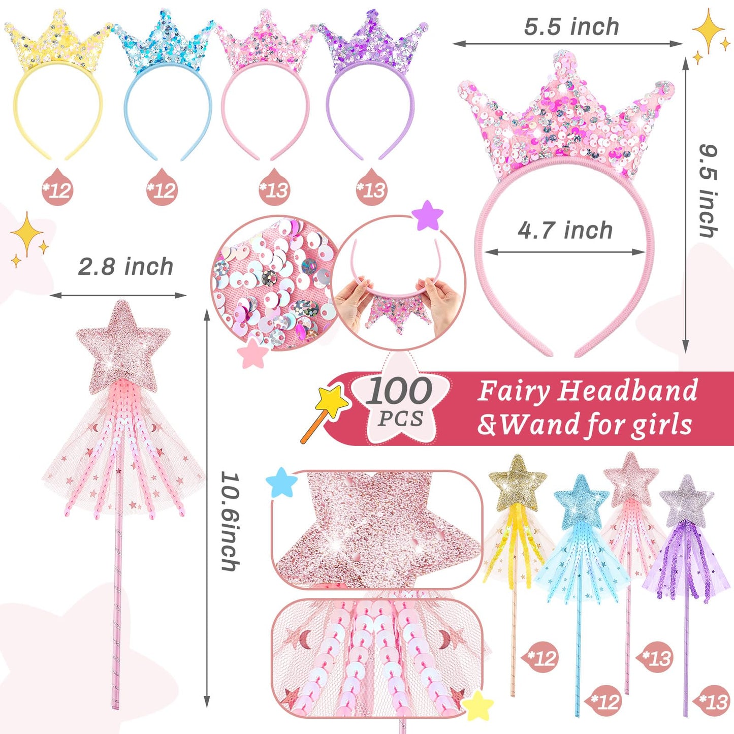 Hollowfly 24 Pcs Princess Party Favors Including 12 Glitter Star Fairy Wands and 12 Sequin Princess Crown Headbands for Girls Bi