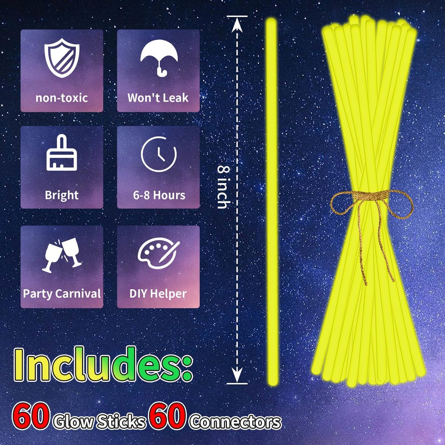 Taikula 60 Pack 8    Yellow Glow Sticks Bulk with 60 Connectors Neon Glow In The Dark Party favors Supplies for Holiday Birthday